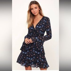 Lulus Bravissima Navy Blue Floral Print Flounce Sleeve Ruffled Dress
